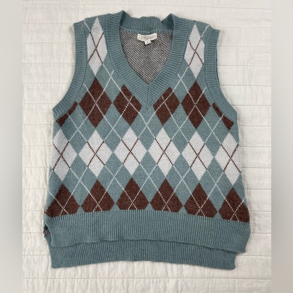 Rewind Sweaters - Rewind Argyle V-Neck Sweater Vest - Blue and Brown